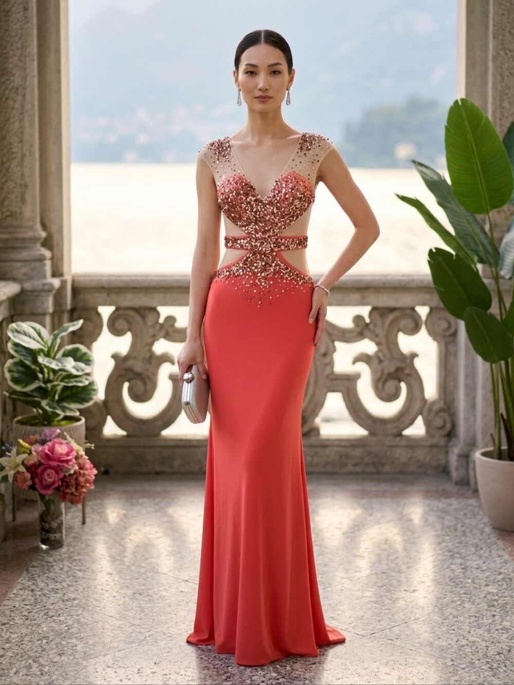Coral Sequin Cutout Prom Gown